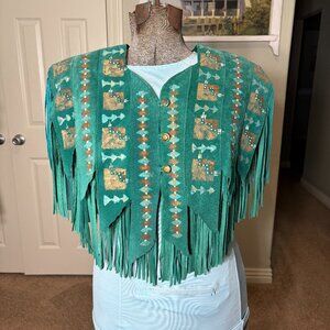 Vintage 1990's Green Suede Ricky Nell Western Cowgirl Halter Vest w Fringe